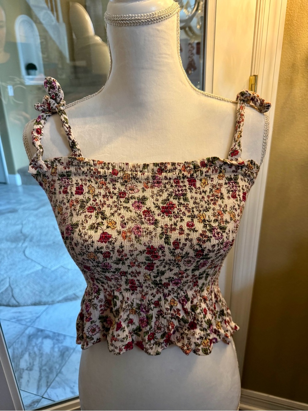 Patrons of Peace Floral Smocked Crop Top - Cream with Pink & Green